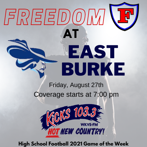 ***SCHEDULE CHANGE***
Tonight's game will be Freedom at East Burke!  Join <a href="/ScoreboardRadio/">David Jones</a> tonight on Kicks 103.3, or stream LIVE at gofoothills.com.  Pregame coverage starting at 7, kick off at 7:30!   **PLEASE SHARE**