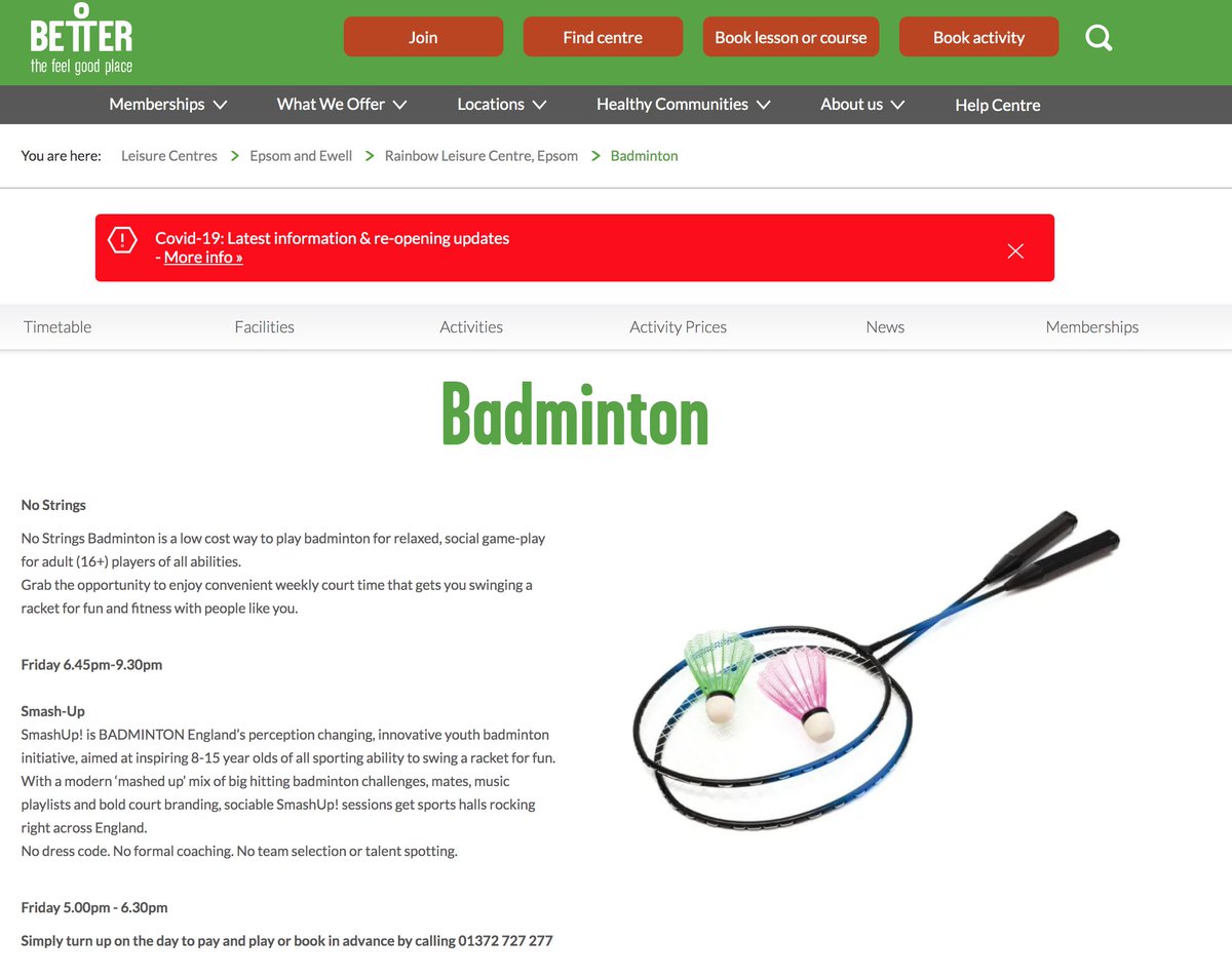 butterfliesm's tweet photo. @Better_UK Really frustrated. You're website says Badminton is back on at Rainbow Centre, Epsom. Can't speak to a person by phone. Wasted 2hrs getting there and back. Sort it out. https://t.co/L3eSyZUvIB
