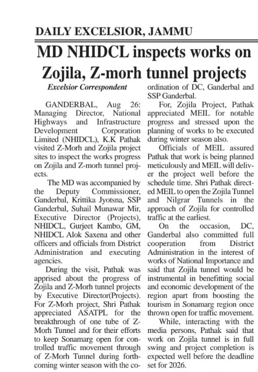 NhidclSrinagar's tweet photo. Shri K K Pathak (IAS), MD NHIDCL has visited the prestigious Zojila and Z-Morh Tunnel Projects in Kashmir, UT of J&amp;K.  While interacting with the media persons, MD NHIDCL said that work on both the tunnel is in full swing and project completion is expected before the deadlines. https://t.co/oJh9zlFelO