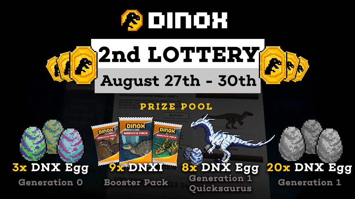 🦖 DinoX Fam 🦖

Our second lottery is LIVE! 

👀 We've got Gen 0 eggs, booster packs, Gen 1 eggs, and a few more awesome Quicksaurus dinos! 

🔥 Get 'em while they're hot! 🔥

👉 portal.dinox.io/lotteries

#Dinosaurs #DinoX $DNXC #NFTs #Metaverse #PlayToEarn