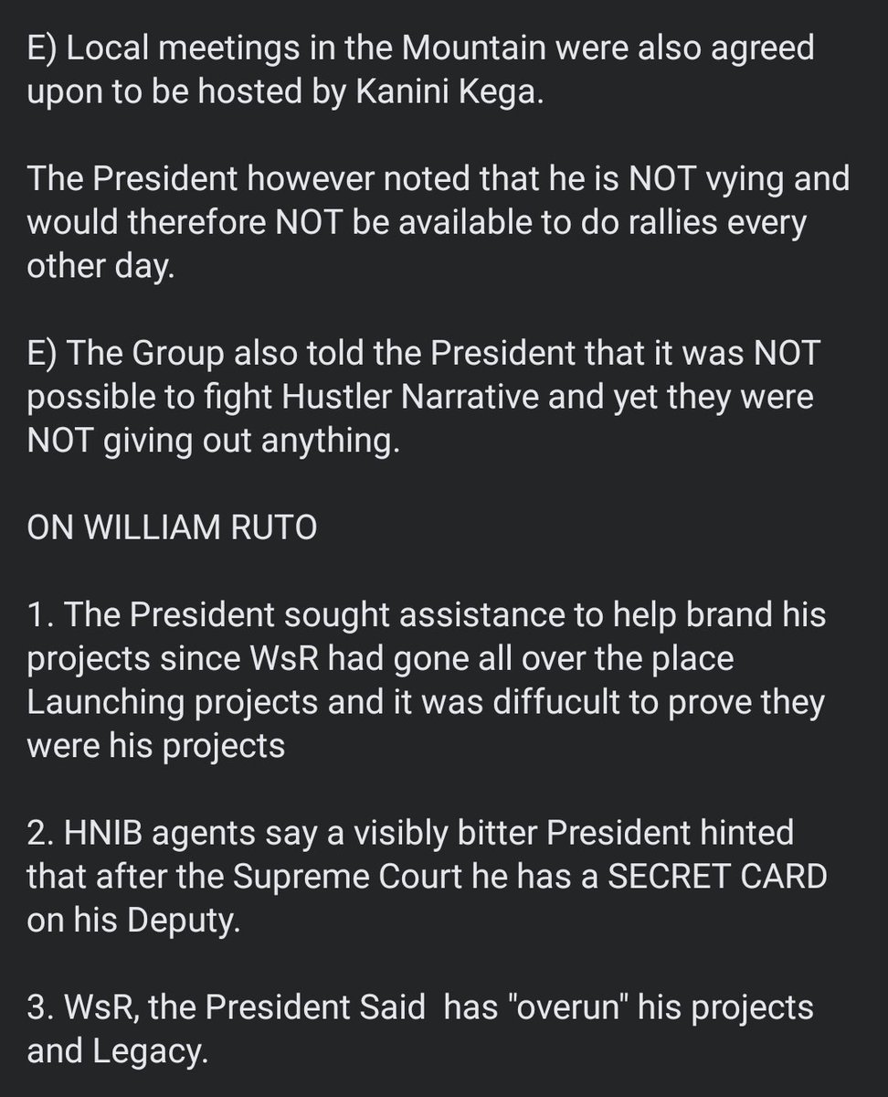 OleItumbi's tweet photo. HNIB agents are reporting the following from the State House meeting between President Kenyatta, Kieleweke MPs and some select MCAs.

1. Removal of SG Tuju &amp;Murathe  Approved

2. Kieleweke say it is IMPOSSIBLE to sell @RailaOdinga &amp; President agrees..

It is so DECLASSIFIED! https://t.co/rXeY5An0Vc