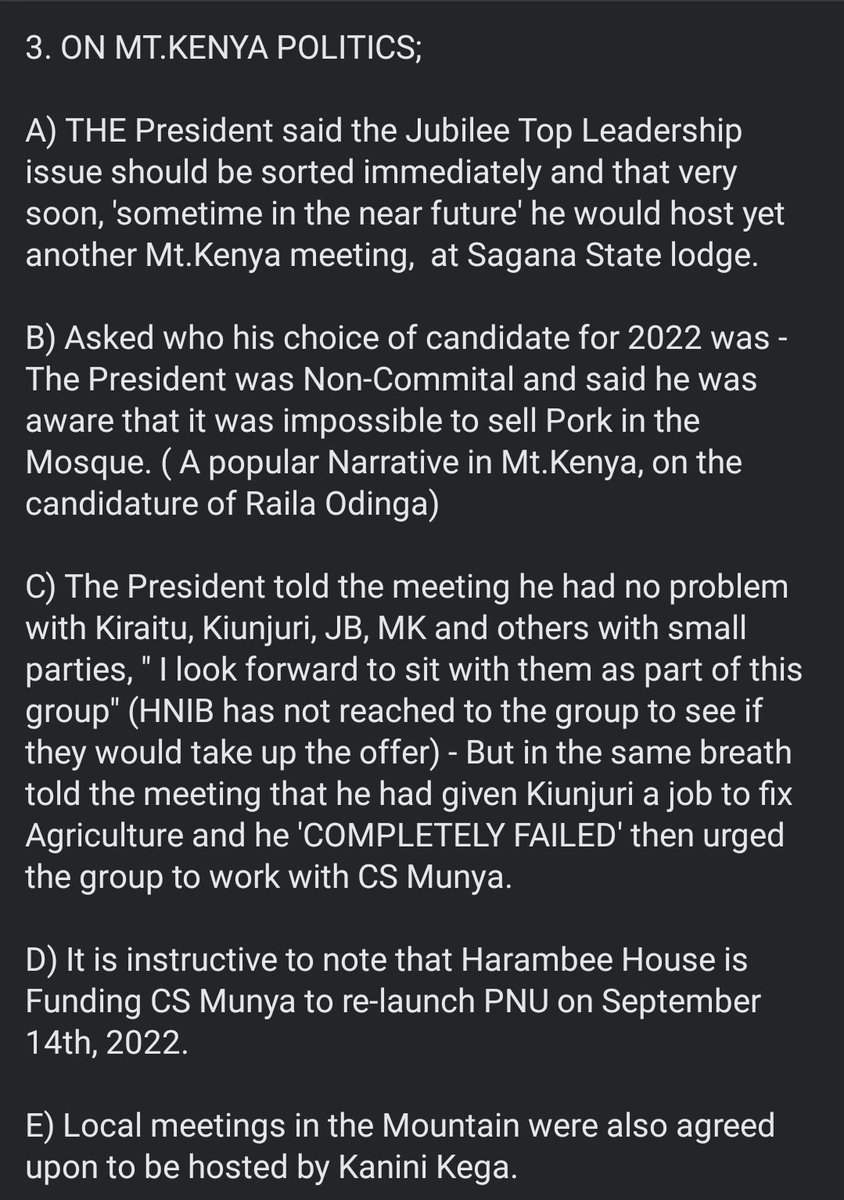 OleItumbi's tweet photo. HNIB agents are reporting the following from the State House meeting between President Kenyatta, Kieleweke MPs and some select MCAs.

1. Removal of SG Tuju &amp;Murathe  Approved

2. Kieleweke say it is IMPOSSIBLE to sell @RailaOdinga &amp; President agrees..

It is so DECLASSIFIED! https://t.co/rXeY5An0Vc