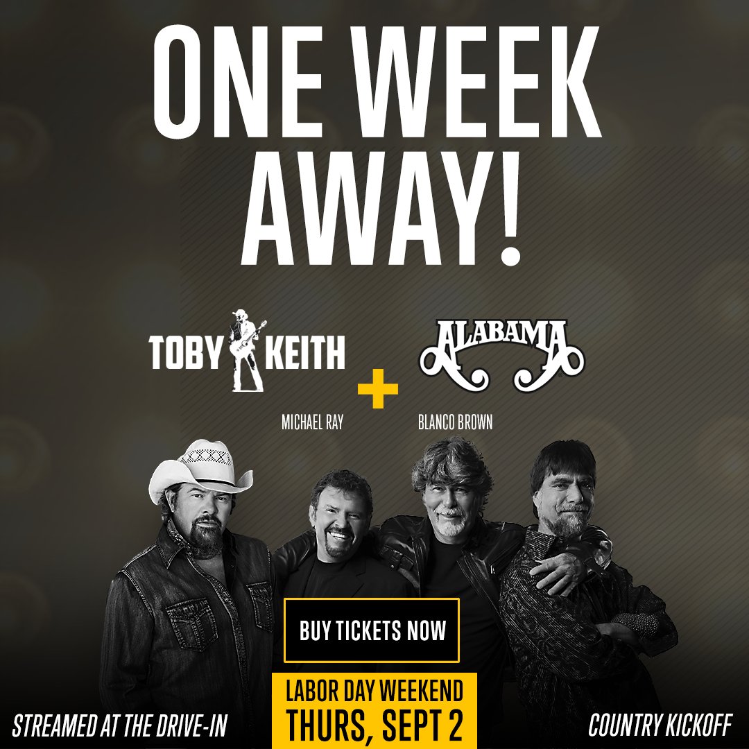 HaarspaDrivein's tweet photo. 📅 Toby Keith + ALABAMA is 1 week away! 

Enter Our Facebook Page Giveaway To Win A Pass 

https://t.co/MeYhofw51Q

🎟️Grab your ticket today! 👇

https://t.co/QWBOei85qt https://t.co/jel9YaIZt5