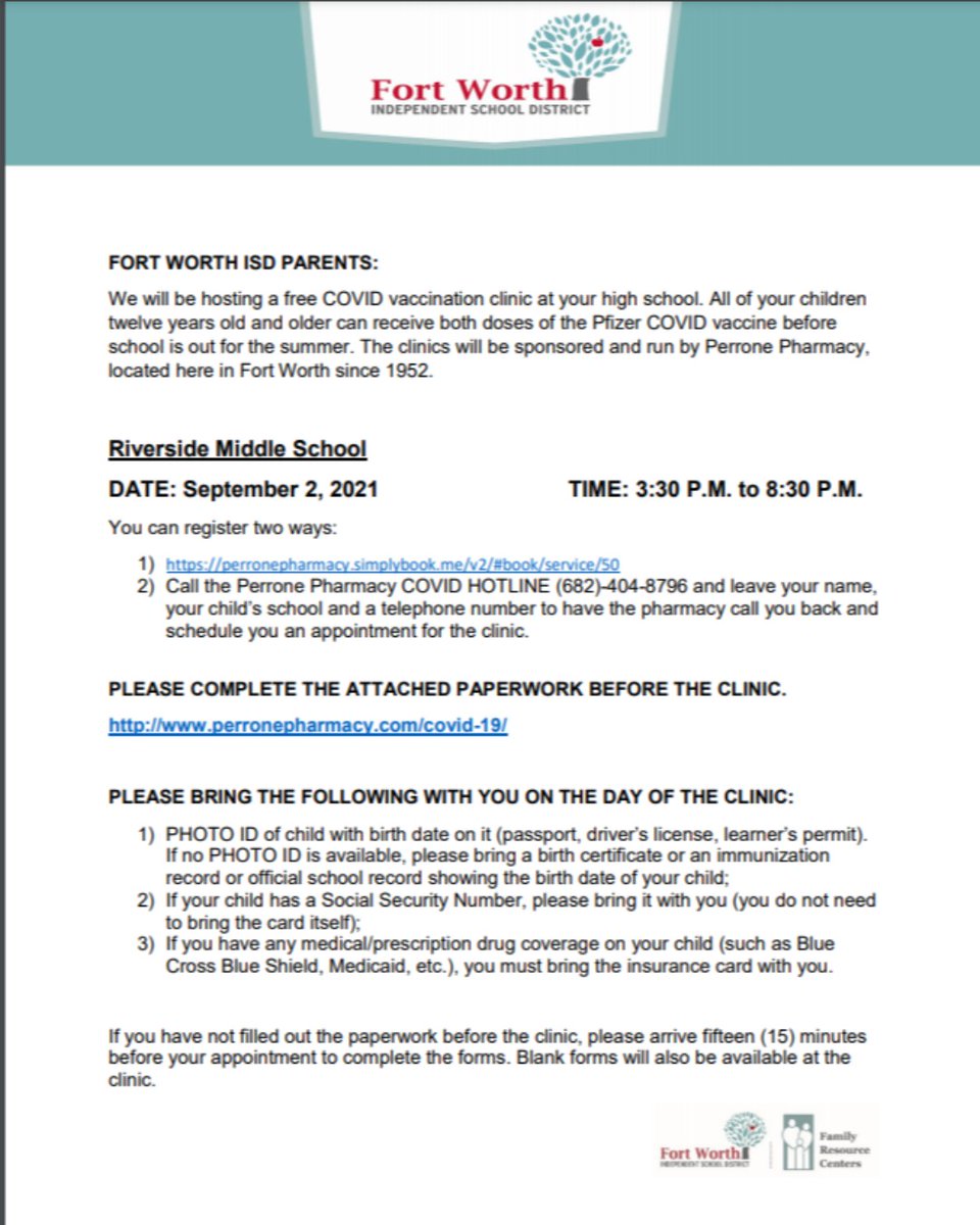 VersiaFWISD's tweet photo. We will be hosting a free COVID vaccination clinic at your high school. All of your children twelve years old and older can receive both doses of the Pfizer COVID vaccine before school is out for the summer.

Fort Worth ISD @hcabal1 https://t.co/YLbUybQIPN