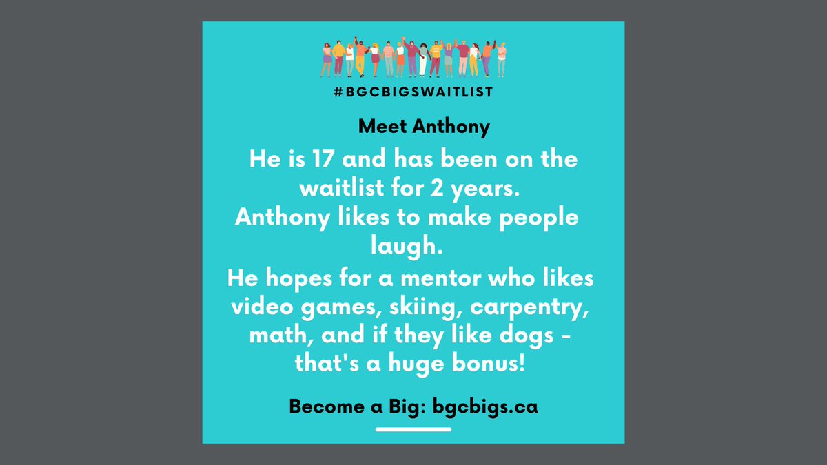 BGCBigs's tweet photo. It's #waitlistwednesday!
Meet Anthony - He's been on the waitlist for 2 years and would love a mentor who is good at math and likes dogs.
Does this sound like you?
Volunteer today - https://t.co/8yoXYZxveU.
#BGCBigsWaitlist #yeg #BiggerTogether #OpportunityChangesEverything https://t.co/byEd6lPkD0