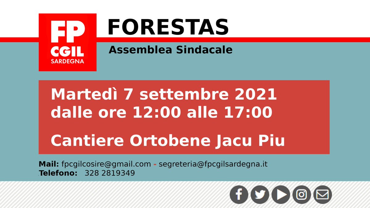 🔴Ass. Sindacale #FORESTAS 
📌Martedì 7 Settembre 2021
🌍Cantiere Ortobene Jacu Piu 

📆Calendario completo delle Assemblee⤵️
⏩fpcgilsardegna.it/2021/08/27/con…🔴

#FPCGIL #CCRL #CGIL #SARDEGNA