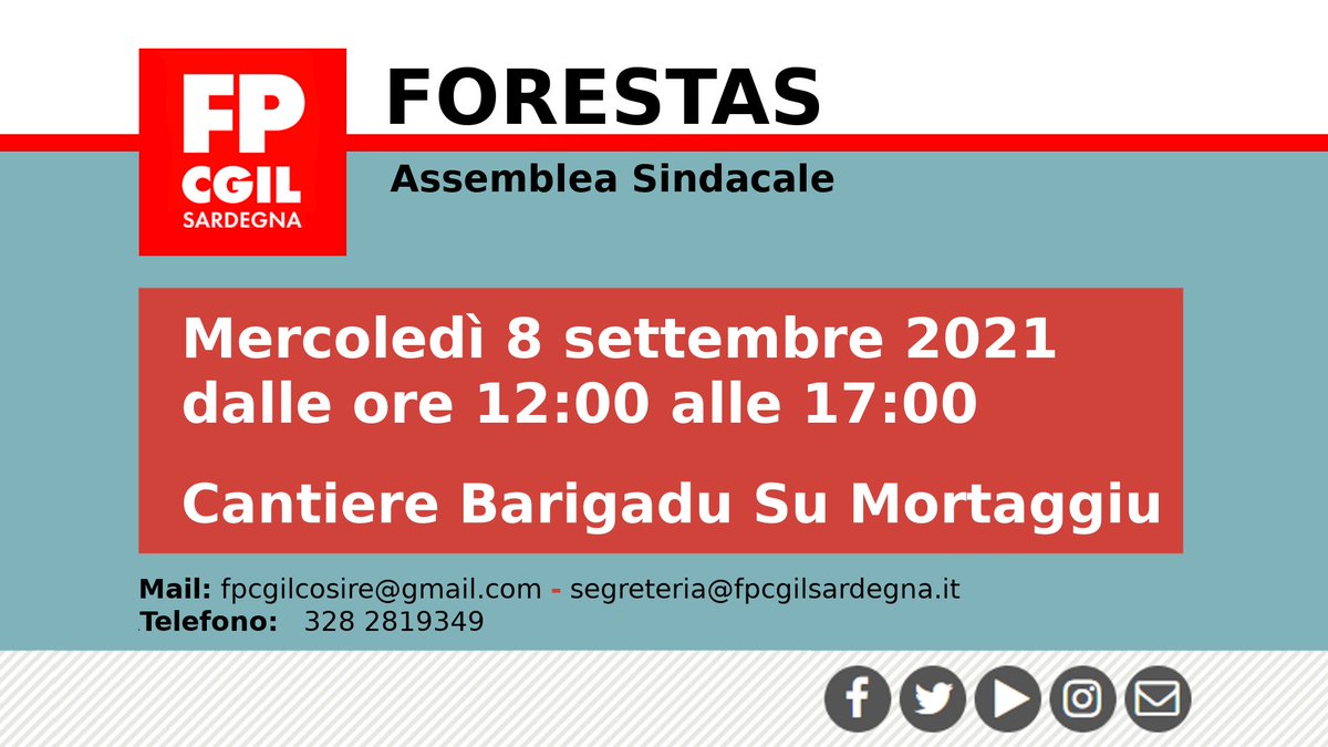 🔴Ass. Sindacale #FORESTAS 
📌Mercoledì 8 Settembre 2021
🌍Cantiere Barigadu Su Mortaggiu

📆Calendario completo delle Assemblee⤵️
⏩fpcgilsardegna.it/2021/08/27/con…🔴

#FPCGIL #CCRL #CGIL #SARDEGNA