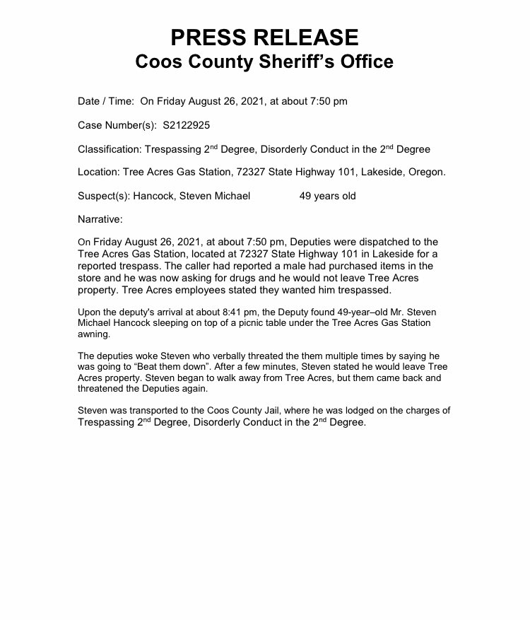 Coos_County_SO's tweet photo. Press Release: Trespassing II, Disorderly Conduct II https://t.co/MU9y47XBlD