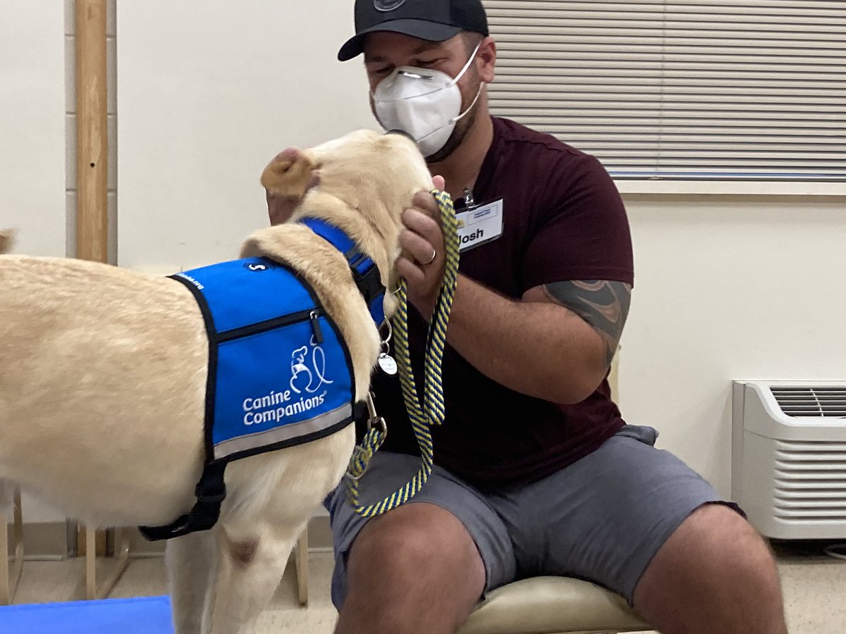 AndreaMcCarren's tweet photo. Why do I raise service dogs? THIS. Just had an awesome video chat with Josh, Maverick's veteran, who’s delivering the commencement speech today. As I told Josh, if I could dream up the perfect family to welcome Mav into their home, it would be HIS. My heart is full. ❤️ @PenFed https://t.co/Aajywt454Z