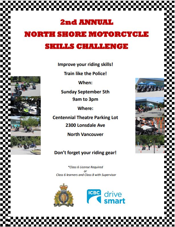 Mark your calendars! The 2nd Annual North Shore Motorcycle Skills Challenge is happening on Sunday, September 5th. Improve your🏍️skills and train like the police...for FREE! @icbc @nvanrcmp