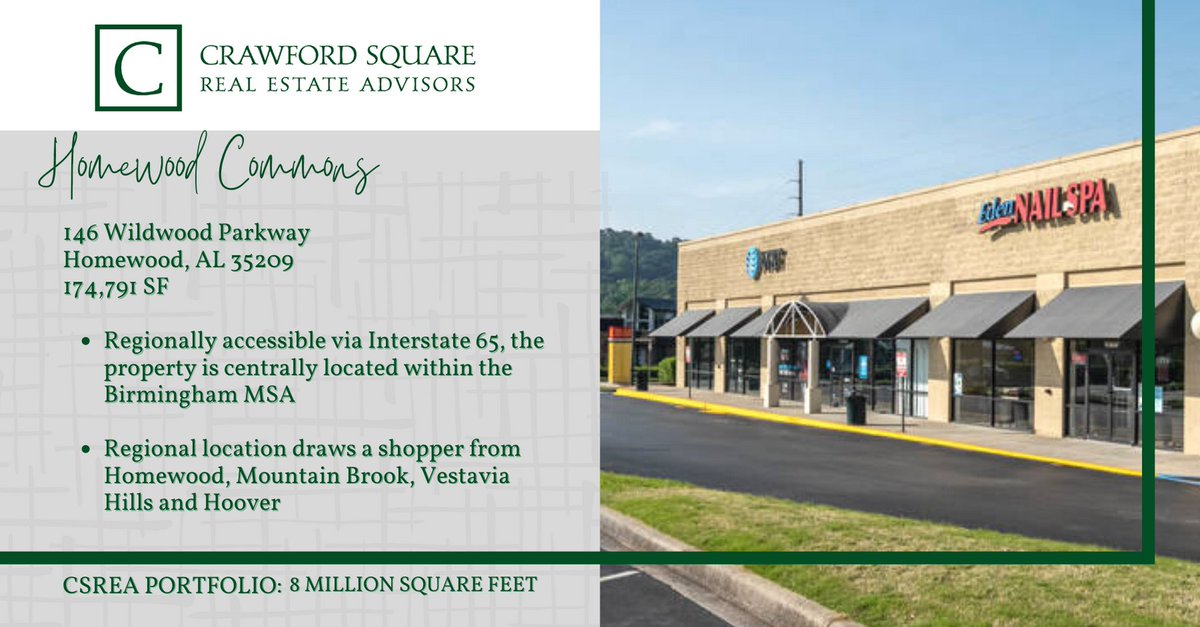 CrawfordSquare's tweet photo. Today’s #FeatureFriday is #HomewoodCommons located in #Homewood, AL! This regional center draws shoppers from Homewood, #MountainBrook, #VestaviaHills and #Hoover. Dominant Anchors include: @Walmart, @SamsClub, and @Lowes. For more visit https://t.co/JJQyf9yUFl. #CRE #CSREA https://t.co/6t6hq9MkKV