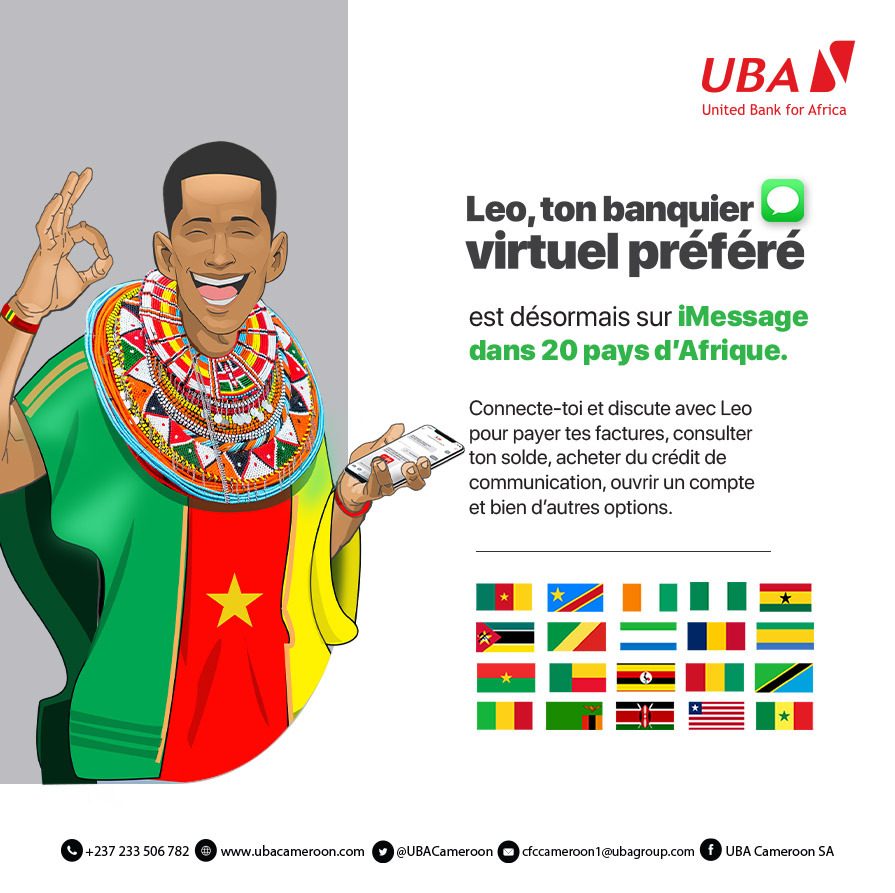 ubacameroon's tweet photo. Leo, ton banquier virtuel préféré est désormais sur iMessage dans 20 pays d'Afrique.
Connecte-toi et discute avec Leo pour payer tes factures, consulter ton solde, acheter du crédit de communication, ouvrir un compte et bien d'autres options.
#Leo
#VirtualBanker
#UBACameroun https://t.co/U7RfIu5adG