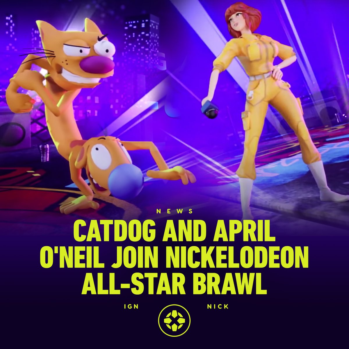 IGN's tweet image. Teenage Mutant Ninja Turtle's April O'Neil and CatDog's CatDog are both joining the fight in Nickelodeon All-Star Brawl, a Smash Bros.-like fighting game coming later this year. #gamescom2021 💛 🐱 🐶 bit.ly/3Bm9bB5