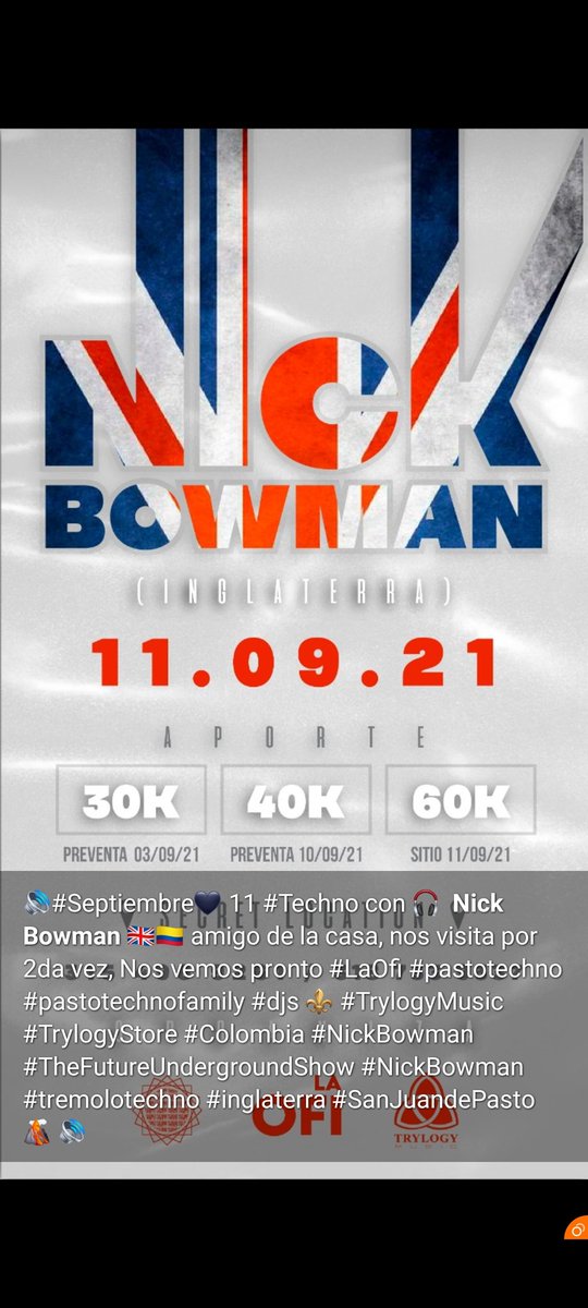 andrespawer's tweet photo. #Septiembre🖤 11 #Techno con Nick Bowman 🇬🇧🇨🇴 amigo de la casa, nos visita por 2da vez, Nos vemos pronto #LaOfi #pastotechno #pastotechnofamily #TrylogyMusic #TrylogyStore #Colombia  #TheFutureUndergroundShow #NickBowman #tremolotechno #inglaterra #SanJuandePasto @TrylogyEventos https://t.co/ocxWobIjjQ