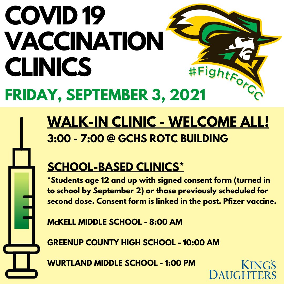 GreenupSchools's tweet photo. We're partnering with KDMC to provide COVID19 vaccine clinics for teachers, students (12 &up), and the community. Click the link for access to the student consent form: https://t.co/EggMEtW8G7
Let's take care of each other, Musketeers!
#GCAllForOne #FightForGC https://t.co/30TXvdedCE