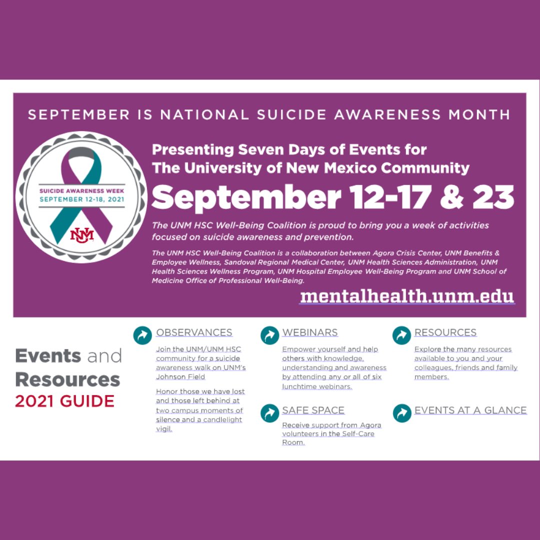 Please join us on Johnson Field on September 12th from 10 am-12 pm as we join together to walk to raise awareness about mental health and suicide prevention 🎗🏃🏽‍♀️
Join UNM for 7 days worth of events in effort to #EndTheStigma