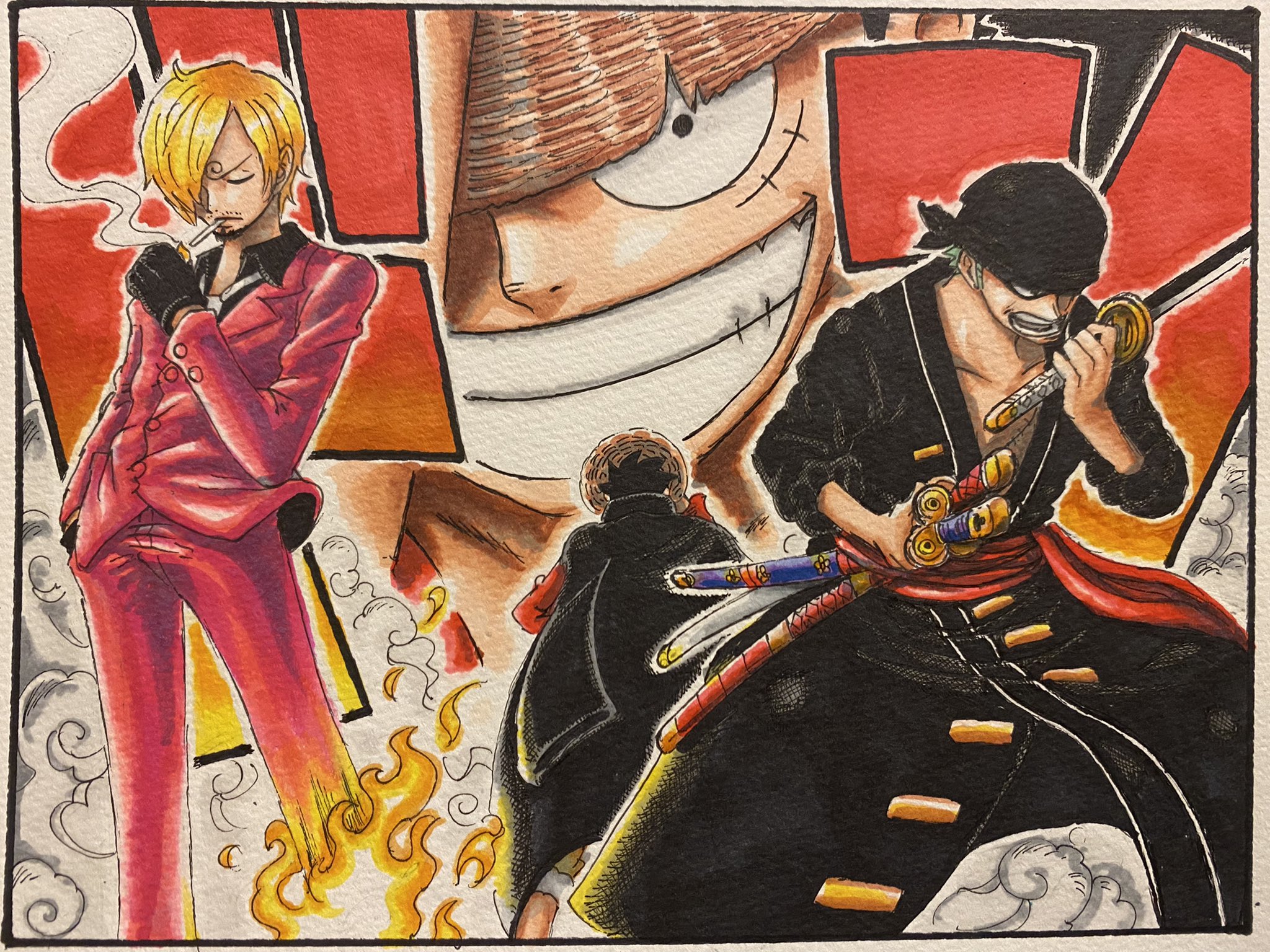 サトー D スケ 未来の海賊王と その両翼 Onepiece イラスト ルフィ ゾロ サンジ どんと背中を預ける船長 準備万端の頼もしい２人 というイメージ T Co Rm9mxvnwg5 Twitter