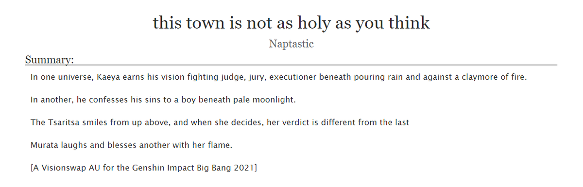 a visionswap au i wrote in collaboration with <a href="/raeraraa/">rae ;; ; ?? ??????</a>, @turkey__sins and <a href="/IsopodEatDorito/">alex</a> for the genshin big bang 2021!! <a href="/GenshinImpactBB/">Genshin Impact Big Bang @ creation period</a> 

this was a labour of love and many sleepless nights. only chap 1 is out so far, but i hope you enjoy~

archiveofourown.org/works/33516925…