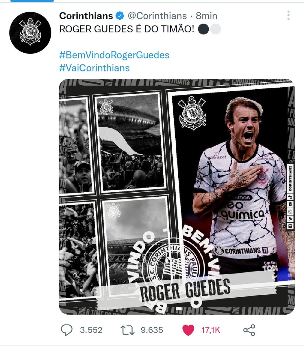 rdourado20's tweet photo. Em menos de 10 minutos, a contratação do Roger Guedes deu mais repercussão do que o aniversário do Palmeiras.

Boa tarde a todos,
O Corinthians é gigante. https://t.co/U0NGFB7Zb6