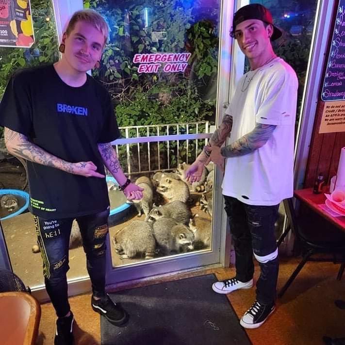 Brooks and Kyle chilling with friends.🦝🦝🦝