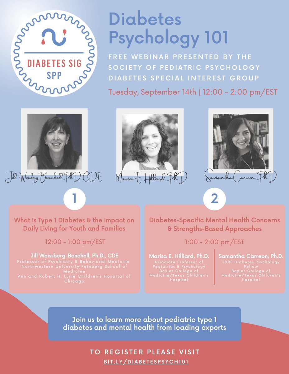 Diabetes Peds Psych SPP (@sppdiabetespsy) on Twitter photo Join the Diabetes SIG for a FREE webinar on Sept 14th 12-2pm/EST (9am/PST & 11am/CST)! Experts in the field Dr. Weissberg-Benchell @mhill226 & <a href="/DrSamCarreon/">Samantha Carreon, Ph.D.</a> will talk about pediatric type 1 diabetes and mental health. Register here: bit.ly/DiabetesPsych1… <a href="/SPPDiv54/">Society of Pediatric Psychology</a> <a href="/SCCAP53/">SCCAP</a> @SBM Join the Diabetes SIG for a FREE webinar on Sept 14th 12-2pm/EST (9am/PST & 11am/CST)! Experts in the field Dr. Weissberg-Benchell @mhill226 & <a href="/DrSamCarreon/">Samantha Carreon, Ph.D.</a> will talk about pediatric type 1 diabetes and mental health. Register here: bit.ly/DiabetesPsych1… <a href="/SPPDiv54/">Society of Pediatric Psychology</a> <a href="/SCCAP53/">SCCAP</a> @SBM