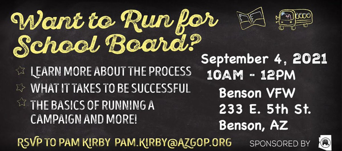 PamKirby's tweet photo. On the road again! Have you thought about running for school board? The @AZGOP School Board Bootcamp is headed to Southern #Arizona! I look forward to meeting passionate conservatives who care about children and the future of our country! @RealPimaGOP @CochiseGOP #SantaCruzGOP https://t.co/XzLUhFtamT