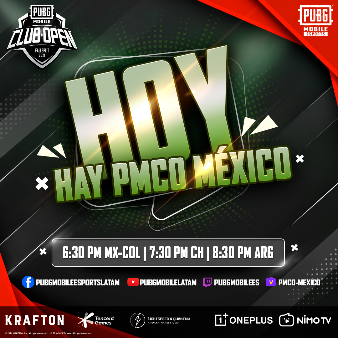 PUBGMOBILELATAM's tweet photo. ¡Hoy conoceremos a los campeones de PMCO LATAM y México junto a @OnePlus_MEX! 🏆

👀⤵
📺https://t.co/4xJGlez6uG
📺https://t.co/6hntXSFaKJ
📺https://t.co/OW4I6SJWk4
📺https://t.co/Dgom0f52Zz
📺https://t.co/N11FoUhXEH

#PMCOFallSplit #PMCOLATAM #PMCOMX #OnePlusEnMexico #NordN10 https://t.co/chNJZaVO8o