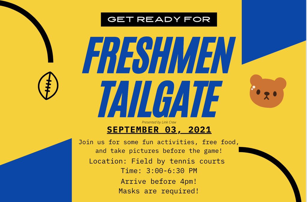 WarrenLinkCrew's tweet image. Hey freshmen we have exciting news! Link Crew will be hosting freshmen tailgate! Check out the flyer above for more information! Can’t wait to see you all there! 🐻