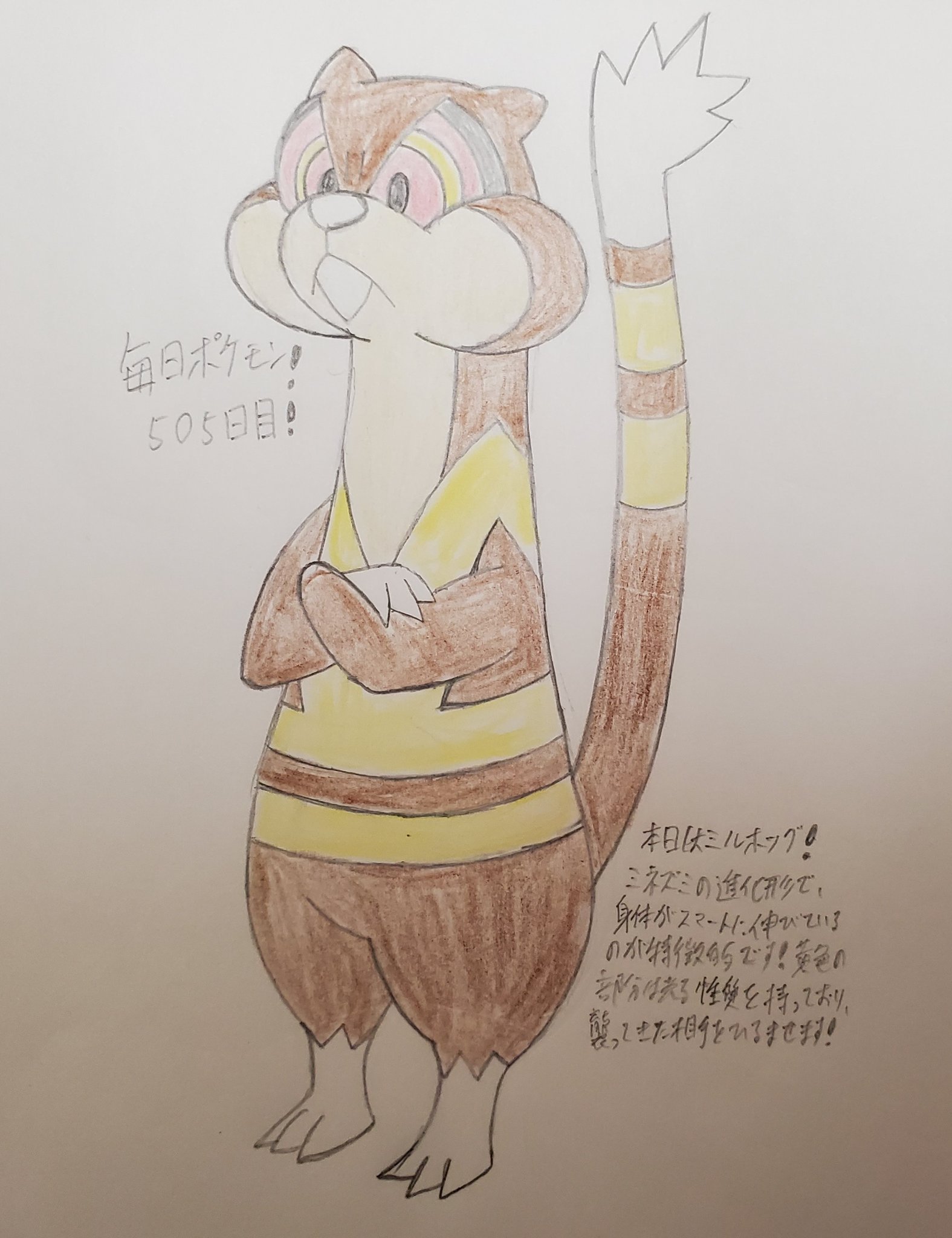 Runner Hiro Runrun 趣味に走る男 毎日ポケモンお絵描き 505日目 本日はミネズミの進化形で 図鑑no 505のミルホッグを描きました けいかいポケモン という名の通りより警戒心が強くなっており 鋭さが増している目は 暗闇でも遠くを見通せるように