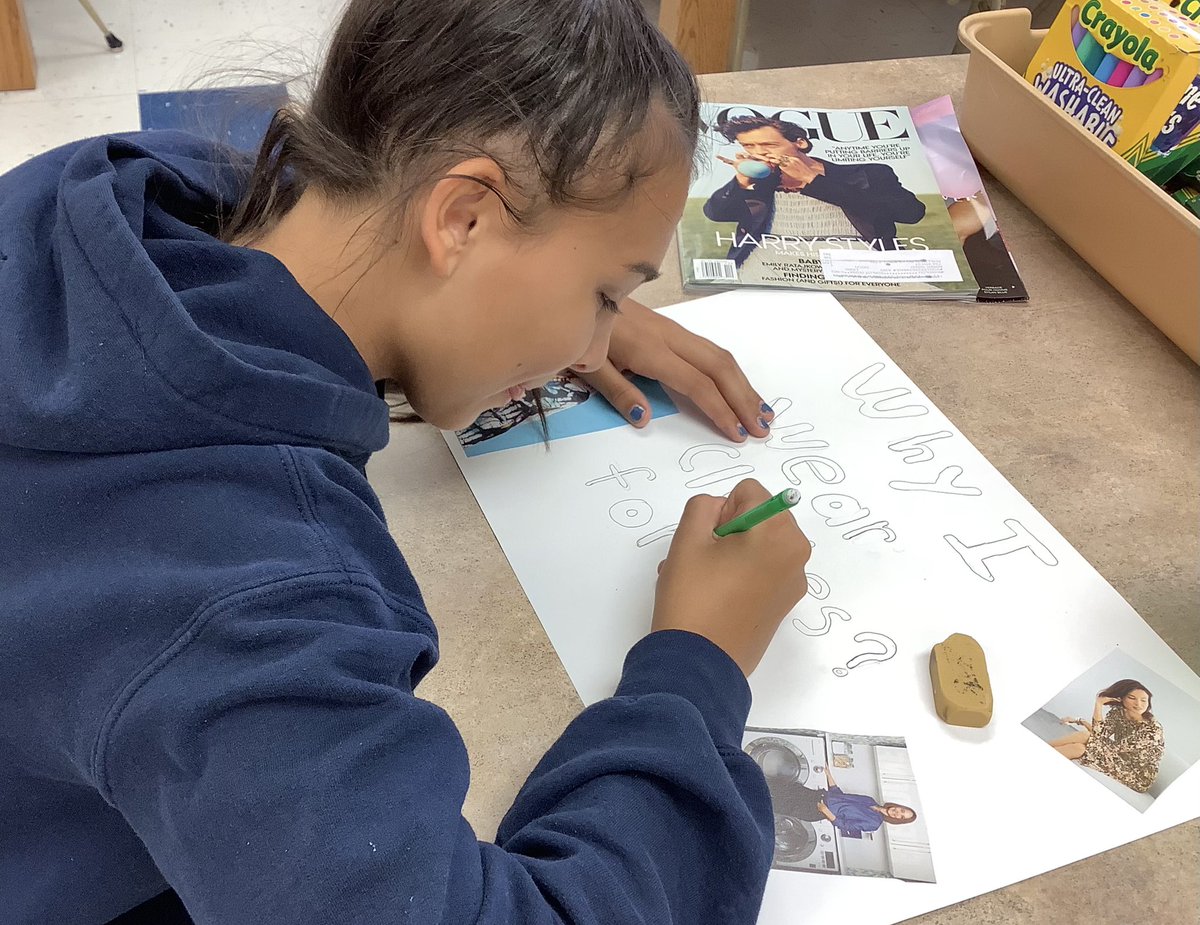 MrsYzar's tweet image. Intro. students depicting reasons why people choose the clothes they do...

Markers and scissors and magazines provide a pleasant change of pace!!

#ksfcsed #clothingchoices #functionoverform