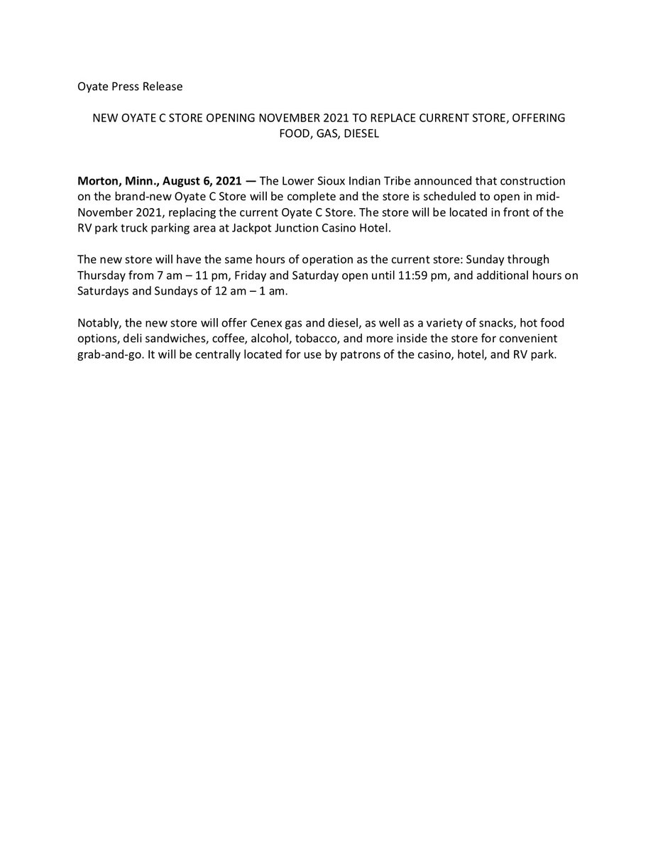 jackpotjunction's tweet image. Exciting news! There will be a brand-new Oyate C Store opening in mid-November 2021, replacing the current Oyate C Store.