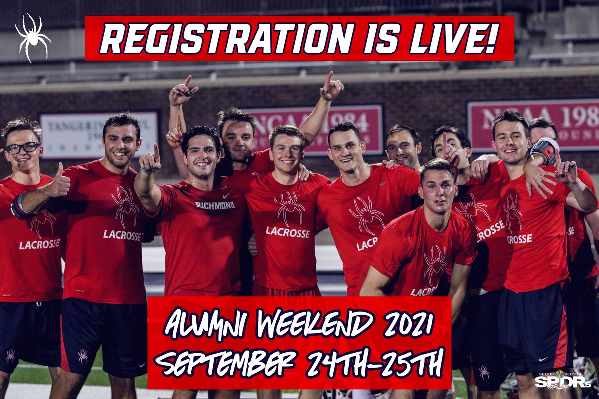 Registration is now LIVE for alumni weekend! Sign up NOW!
uronline.net/athl/Spider-La…
Friday, September 24th
6:00 PM
-Alumni Game
-Alumni Game Cookout

Saturday, September 25th
11:00 AM
-2020 &amp; 2021 Team Banquet

2:30PM
-Alumni Golf Social
#OneRichmond