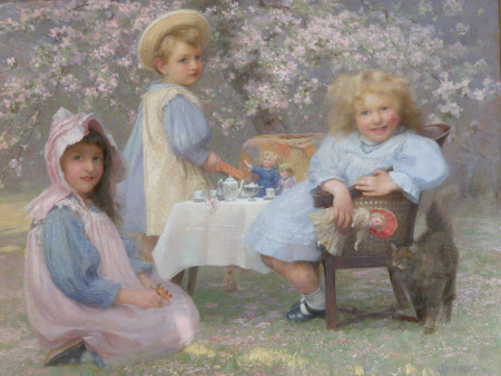 An oil painting of children having a tea party for their dolls, part of the collection at Killerton in Devon.