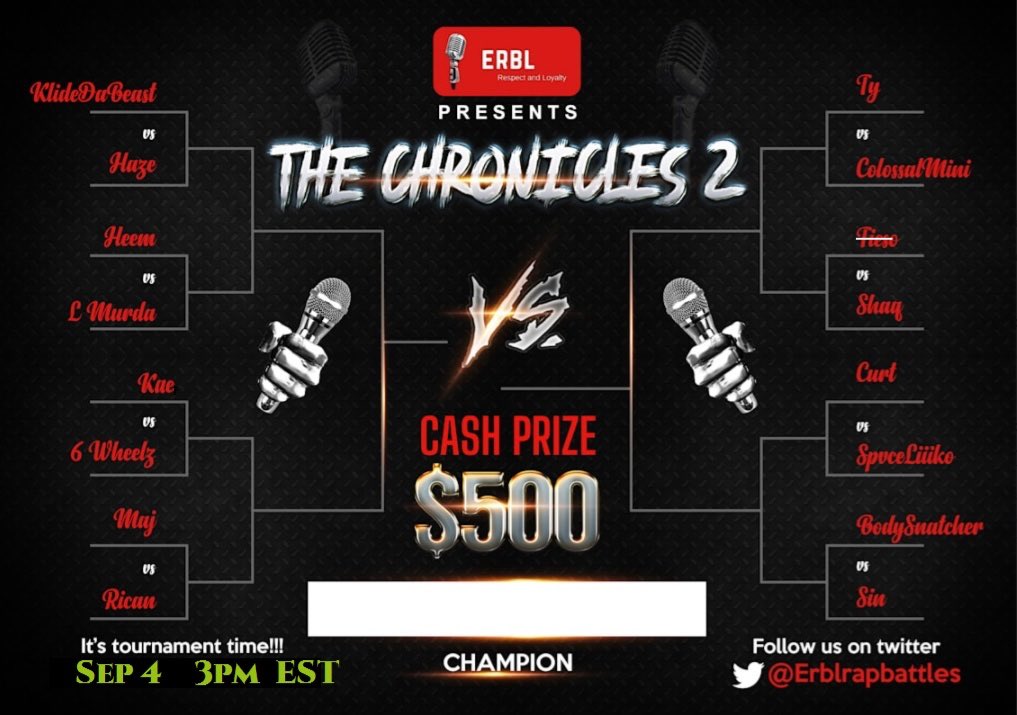 🚨ERBL Yearly Tournament is Back on Sep 4th with a $500 prize money🚨

ERBL PRESENTS : THE CHRONICLES VOL. 2

A four round tourney bracket for the ultimate bragging rights in text battling,with Rd 1 going down 9.4.21.
Hit up Classick (<a href="/ERBL_HOF/">Class♠️</a>) to watch live in our group chat!