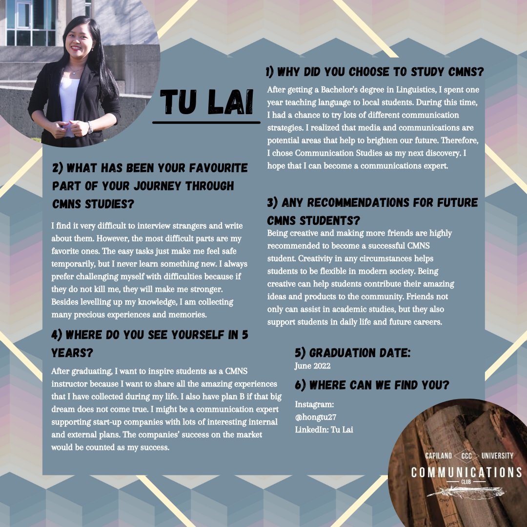 Today's CCC student profile belongs to the lovely Tu! Thanks so much for being apart of this project, Tu, and we wish you the best in your studies and future. #CCC #Communications #CMNS #CapU #NorthVan