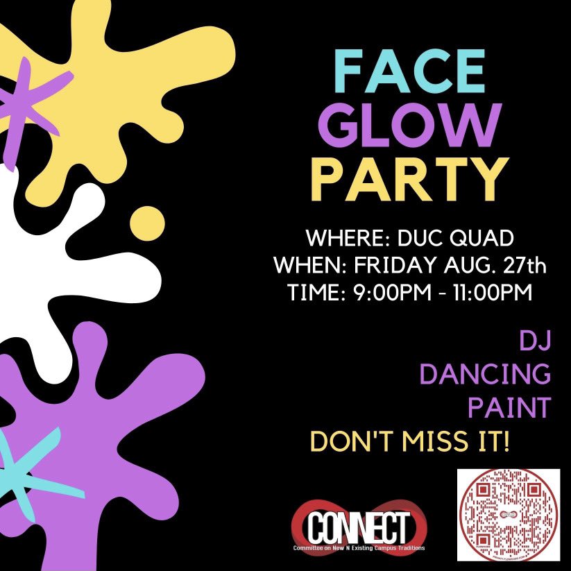 Happy Friday Saints! To end the first week of school, head to the DUC quad TONIGHT from 9pm-11pm for the FACE GLOW PARTY! Bring anything that glows with you ❤️🖤 #UWOW2021