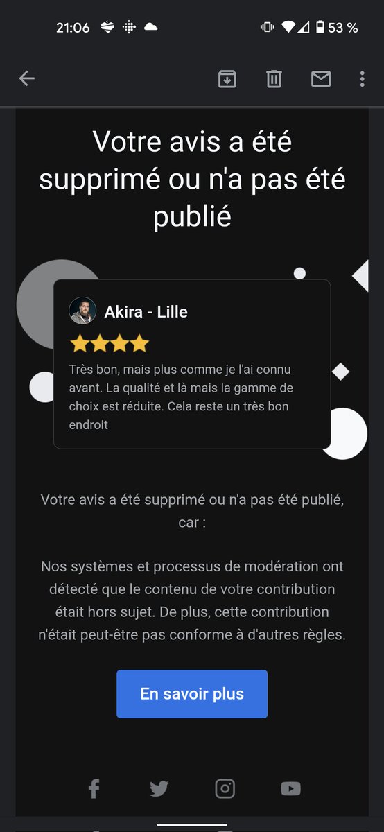 🤣 je donne un avis pas trop mauvais pour le coup, sur un resto, mais quand tu dis que c'est de qualité et un bon endroit, <a href="/GoogleFR/">Google FR</a> ne le voit pas comme ça 😅 #complot ?