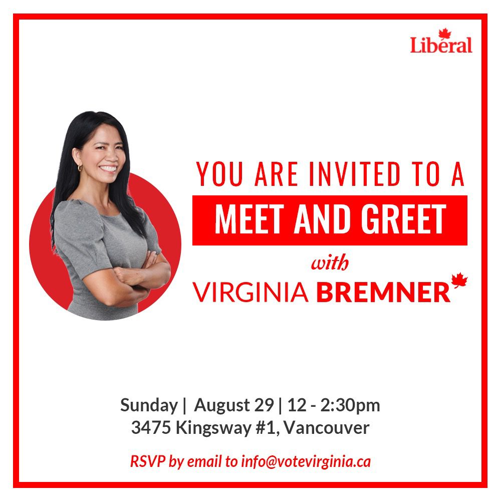 VirginiaBremner's tweet photo. Join us this Sunday for a Meet &amp; Greet with Virginia!

RSVP at this link:

https://t.co/Ak7SCbNPby

#Elxn44 #lpcbc #teamvirginia #teamtrudeau https://t.co/x83aPFbxvW