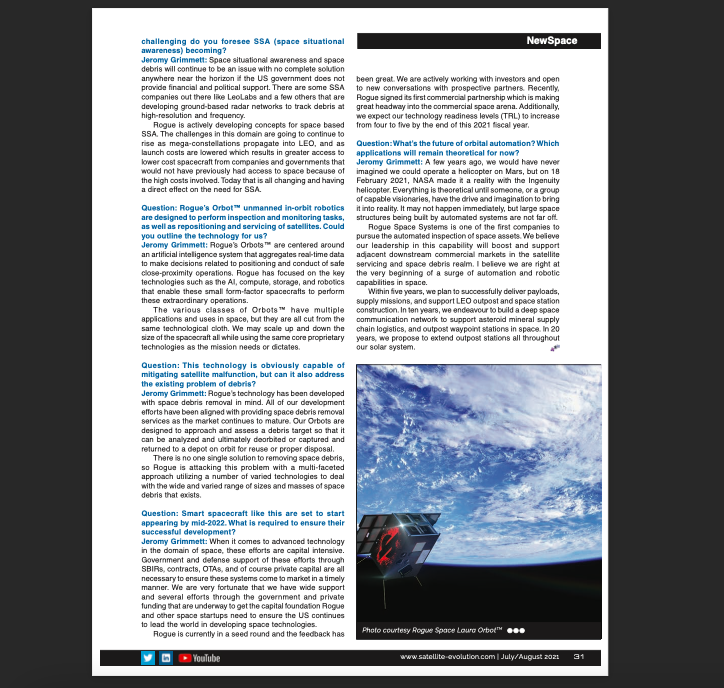 RogueSpaceCorp's tweet photo. Satellite Evolution AMERICAS' latest issue is available. Check out Rogue Space's CEO, Jeromy Grimmett talk about the company’s on-orbit spacecraft servicing solutions.
#satelliteevolutiongroup #satelliteevolutionamericas #space #aerospace #newspace #satellite #orbitalservices https://t.co/b2suxZzFWB