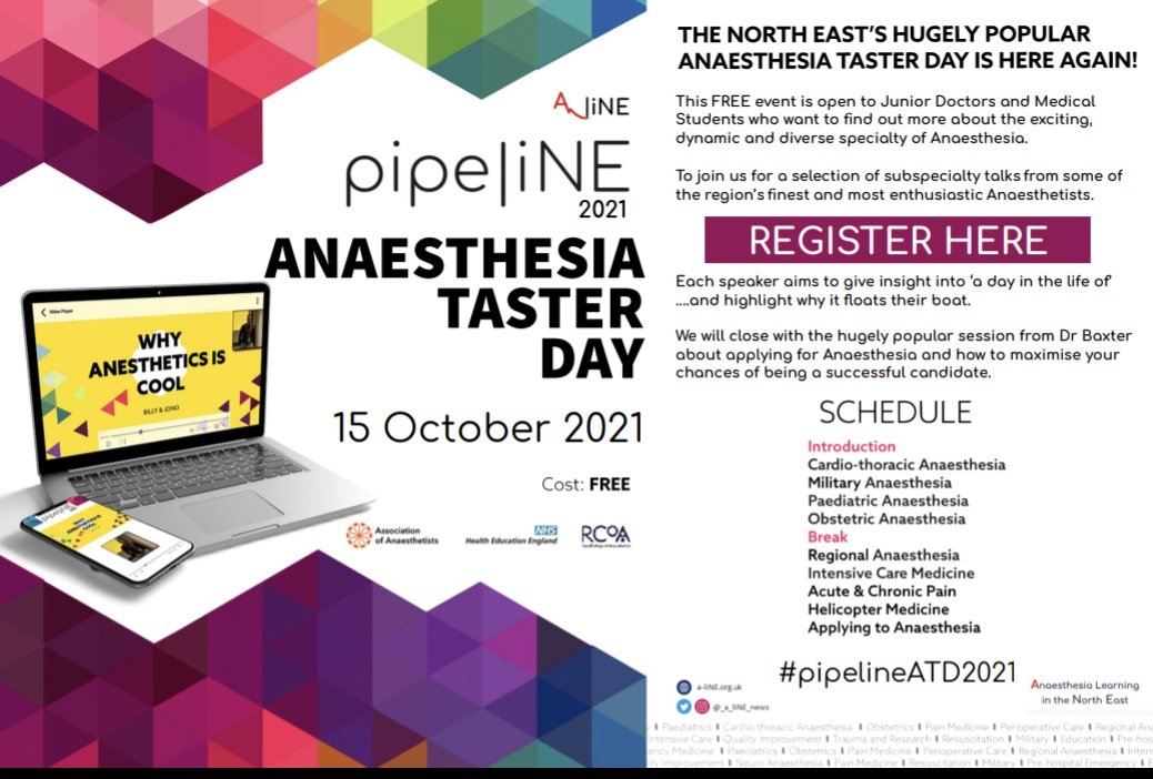 Interested in a career in Anaesthesia? pipeliNE presents its popular virtual Anaesthetic Taster Day. This FREE one day course is aimed at anyone considering applying to Anaesthetic training. Come hear from the region's Anaesthetists about why they do what they do! #MedTwitter