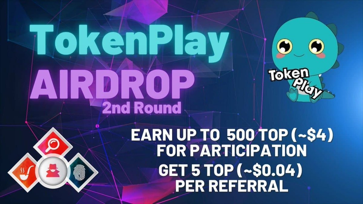 🔍 New #Airdrop: Tokenplay 💲 Reward: Up to 500 TOP [~$4] + 5 TOP [~$0.04] per referral 🔴 Start the airdrop bot: t.me/TokenPlay2nRou… 🔘 Do the tasks on the bot & submit your data. 🔘 Details: youtu.be/5kHRwiG2vyI #Airdrops #AirdropDetective #MATIC #Bitcoin #BNB