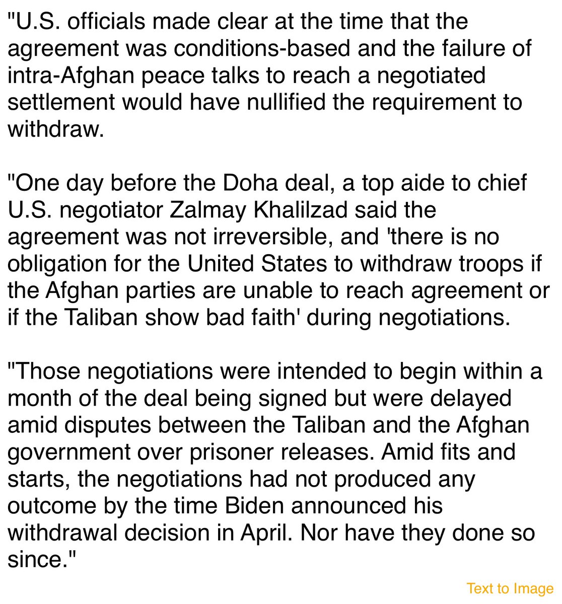 brithume's tweet image. If you believe the Biden admin claim it was bound by the Trump-Taliban deal and thus had to get out fast, read this from the AP: 
apnews.com/article/joe-bi…
Quote: