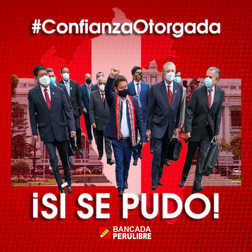 ¡Si se pudo compatriotas! 🇵🇪
<a href="/congresoperu/">Congreso del Perú 🇵🇪</a> otorga #VotoDeConfianza al Gabinete <a href="/GuidoPuka/">Guido Bellido U✊🔝</a>, solo los consensos permitirán implementar políticas públicas justas con carácter social.
¡A gobernar junto al pueblo presidente! <a href="/PedroCastilloTe/">Pedro Castillo Terrones</a>  
<a href="/PeruLibreBancad/">Bancada Perú Libre</a>