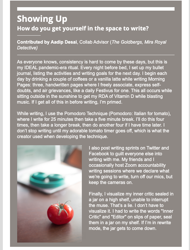 aadip's tweet photo. Here's a short but sweet blurb I wrote on getting into the headspace to write, for @sundanceorg's The Muse newsletter. #Screenwriting #Writing #Productivity #Pomodoro https://t.co/9qh2Sksu2o