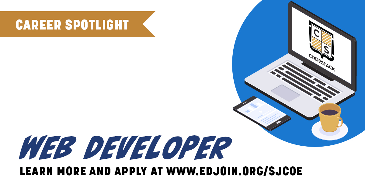 CodeStackStkn's tweet image. We’re hiring! Do you have a passion for coding? Want to work on projects with community impact? Join the CodeStack Team! Visit edjoin.org/Home/DistrictJ… for details. #codestack #SJCOE #Coding #Jobs #EdTech #Stockton #Lodi #Tracy #Programming