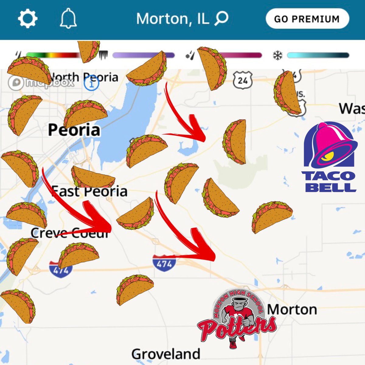 MrsAdolphson's tweet photo. 🚨Weather Alert🚨There is a strong chance it will be raining tacos 🌮 at tonight’s varsity🏈football game 7:30‼️#fiestafriday #OneMorton #PotterPride @tacobell @PottersMorton @sjonesy709 @dripka12 @mortonhogsfb https://t.co/VlESbJYxyV