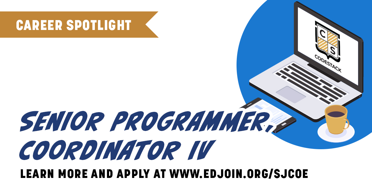 CodeStackStkn's tweet image. We’re hiring! Do you have a passion for coding? Want to work on projects with community impact? Join the CodeStack Team! Visit edjoin.org/Home/DistrictJ… for details. #codestack #SJCOE #Coding #Jobs #EdTech #Stockton #Lodi #Tracy #Programming