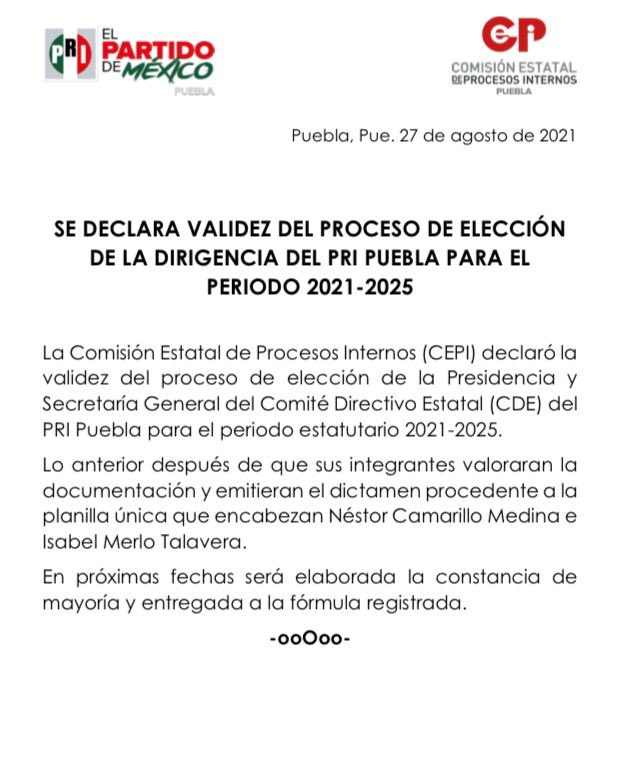 CEPI_PRIPue's tweet photo. En sesión de la Comisión Estatal de Procesos Internos (CEPI) se declaró la validez del proceso de elección del Presidente y Secretaria General del @PRIdePUEBLA para el periodo estatutario 2021-2025.
Les compartimos el #Comunicado. https://t.co/1120FVx8fP