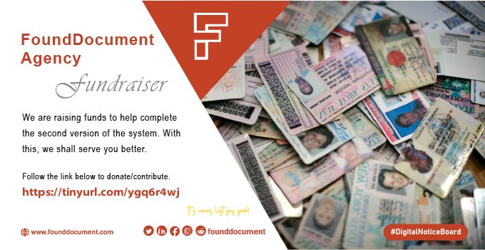 FoundDocument's tweet photo. #FoundDocument #Fundraiser #fundraising #startup #StartUpCapital #startupbusiness #DigitalNoticeBoard https://t.co/slOOSkMrm1