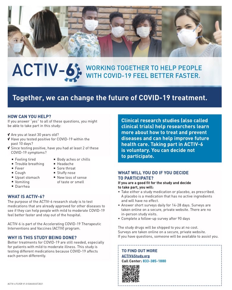 Find out why researchers are excited about <a href="/NIH/">NIH</a> #ACTIV6, a home-based #ClinicalResearch study for people with mild-to-moderate #COVID19. Participants can enroll from anywhere in the U.S. &amp; receive study drugs in the mail |activ6study.org #feelbetterfaster